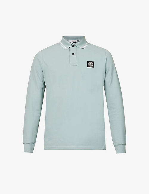 STONE ISLAND: Logo-patch slim-fit long-sleeved stretch-cotton polo shirt