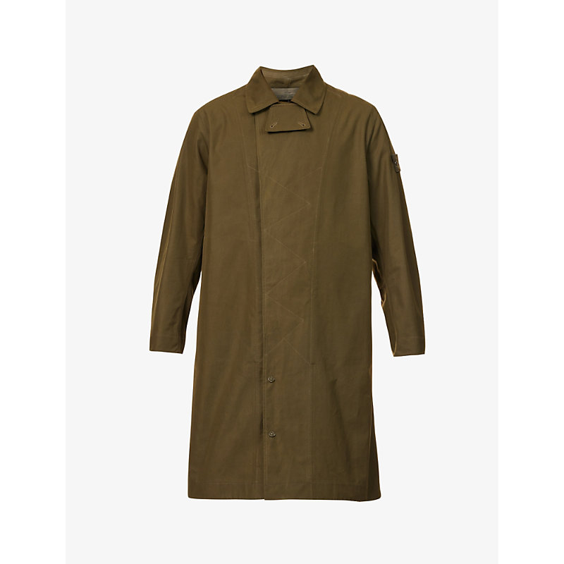 STONE ISLAND STONE ISLAND MEN'S MILITARY GREEN GHOST LOGO-PATCH COTTON TRENCH COAT,65436623