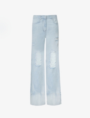 GIVENCHY GIVENCHY WOMEN'S LIGHT BLUE DISTRESSED FADED-WASH WIDE-LEG HIGH-RISE JEANS,65444611