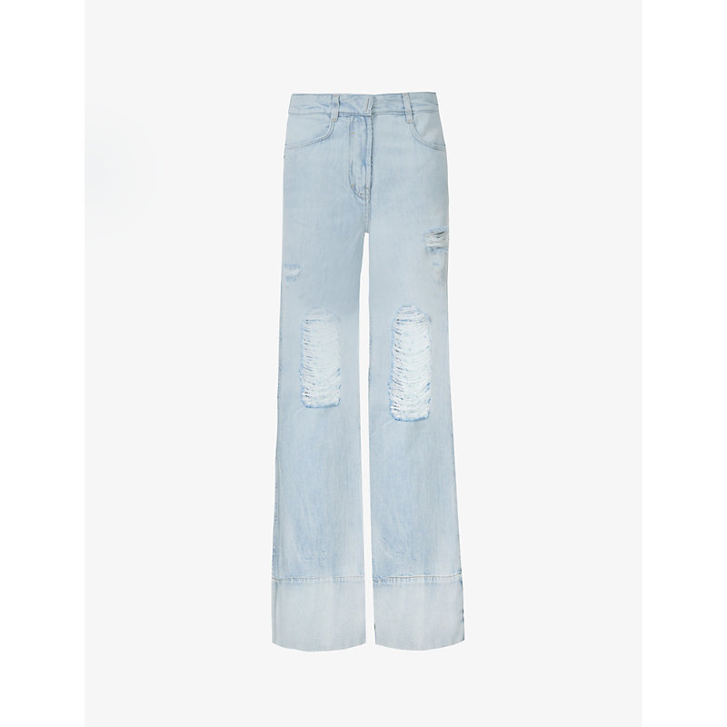 GIVENCHY GIVENCHY WOMEN'S LIGHT BLUE DISTRESSED FADED-WASH WIDE-LEG HIGH-RISE JEANS,65444611