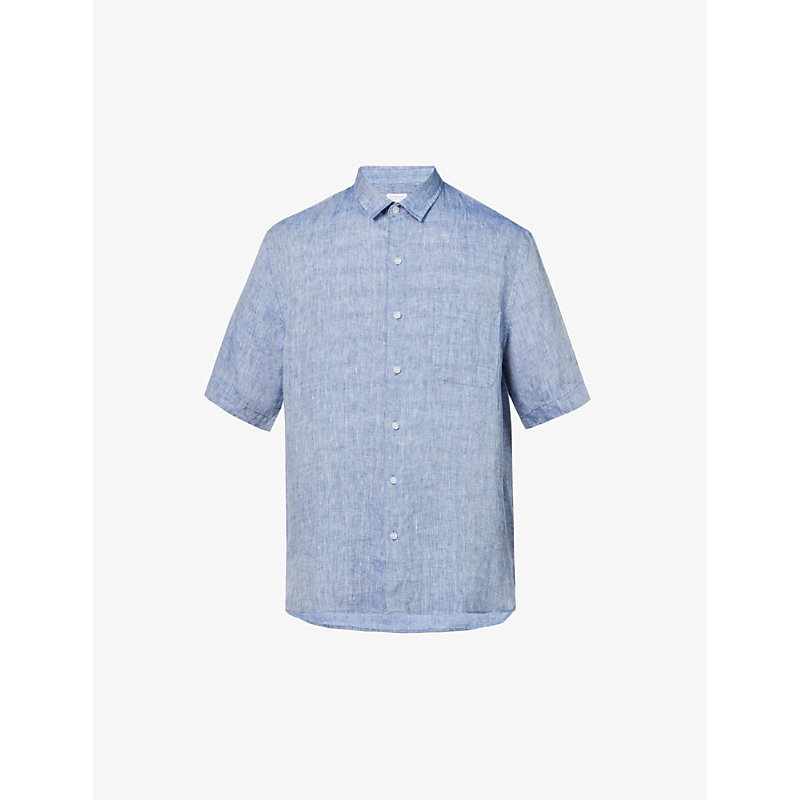 Sunspel Mens Bluestone Melange Patch-pocket Short-sleeved Regular-fit Linen Shirt