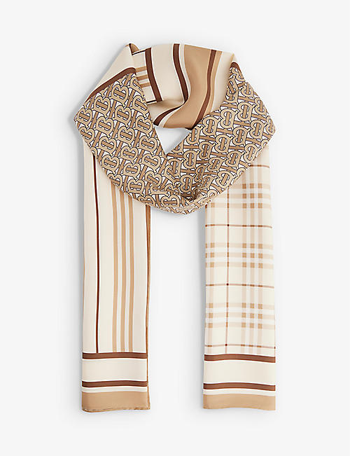 BURBERRY: Triple logo-printed silk scarf