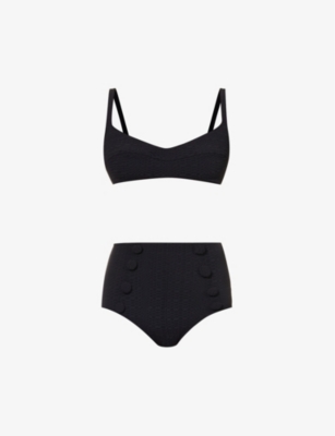 Lisa Marie Fernandez Button-embellished Seersucker Bikini In Black Seersucker