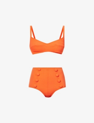 Lisa Marie Fernandez Balconette Striped Seersucker High-rise Bikini In Tomato Seersucker