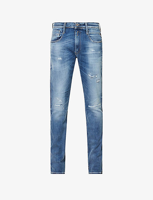 REPLAY: Anbass distressed slim-fit stretch-denim jeans