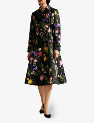 Shop Ted Baker Womens Black Moiraa Floral-print Double-breasted Woven Trench Coat