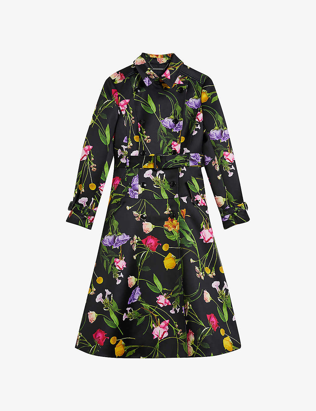 Shop Ted Baker Womens Black Moiraa Floral-print Double-breasted Woven Trench Coat