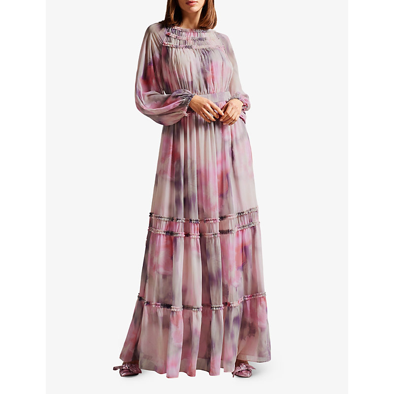 Shop Ted Baker Miray Abstract-print Ruffled Crepe Maxi Dress In Orange