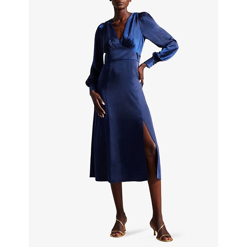 Shop Ted Baker Women's Dk-blue Daniia Blouson-sleeve Satin Midi Dress
