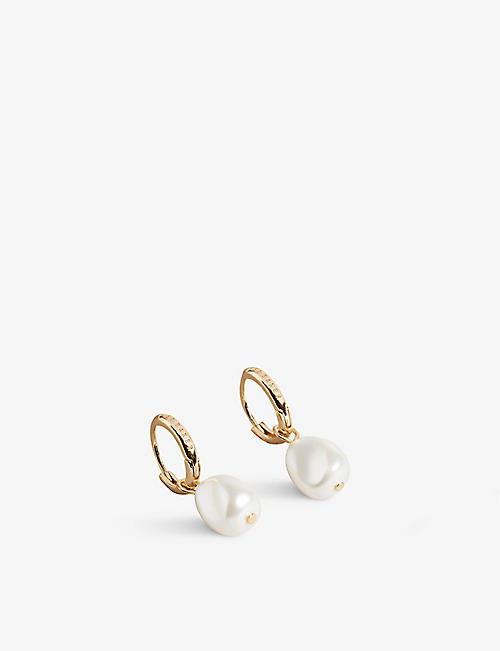 TED BAKER: Periaa brass and faux-pearl huggie earrings