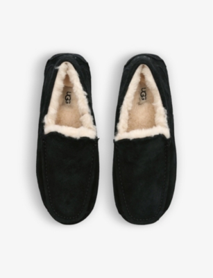 Shop Ugg Mens Ascot Logo-embroidered Suede Slippers Blac In Black