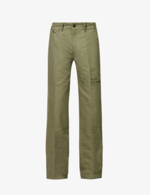 HONOR THE GIFT HONOR THE GIFT MEN'S OLIVE BRAND-EMBROIDERED PANELLED STRAIGHT-LEG RELAXED-FIT COTTON-TWILL TROUSERS,65475271