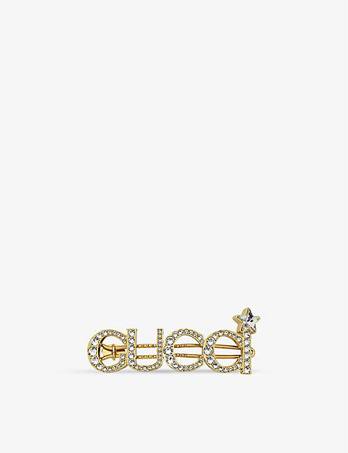 GUCCI: Logo crystal-embellished brass hair clip
