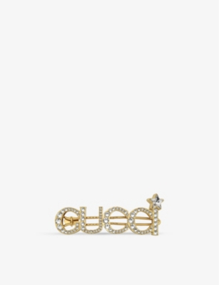 Shop Gucci Women's Yellow Gold Logo Crystal-embellished Brass Hair Clip