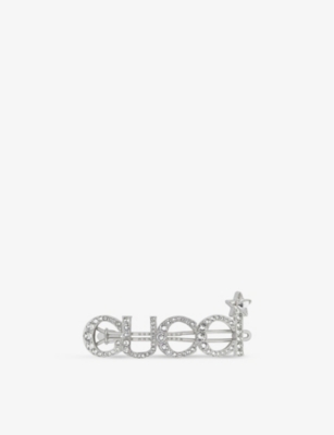 Shop Gucci Women's Silver Logo Crystal-embellished Brass Hair Clip