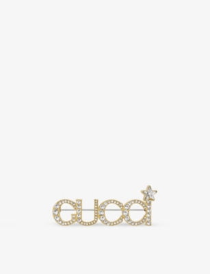 GUCCI GUCCI WOMEN'S YELLOW GOLD LOGO CRYSTAL-EMBELLISHED BRASS BROOCH,65483023