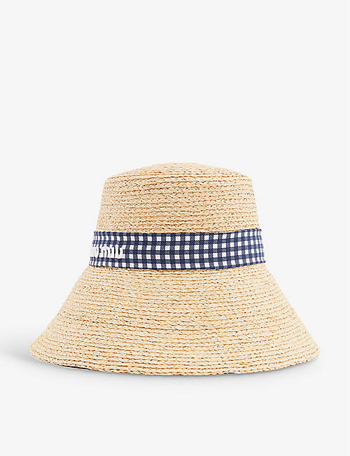 MIU MIU: Logo-embroidered checked-ribbon raffia bucket hat