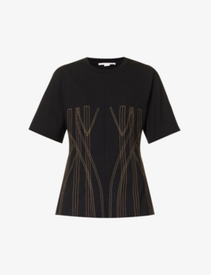 Stella Mccartney Womens Black Corset-style Contrast-stitch Cotton T-shirt