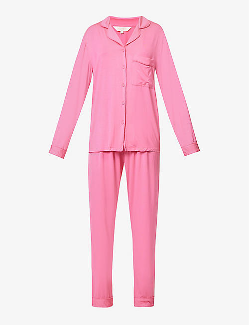 THE NAP CO: Rayon contrast-piping stretch-woven pyjama set