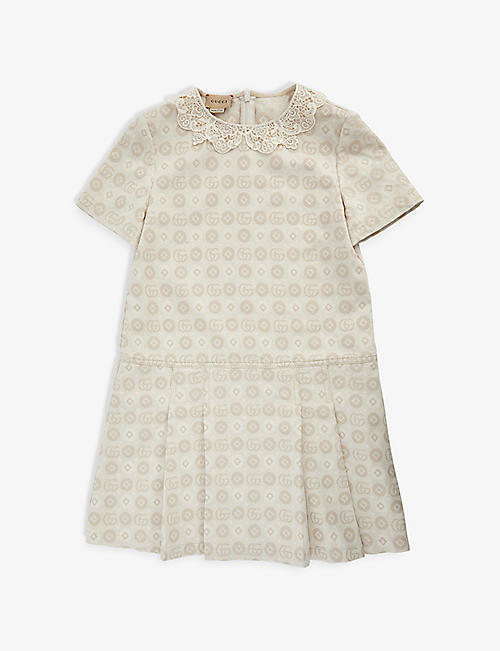 GUCCI: Lace-collar monogram-print cotton dress 12 months-12 years