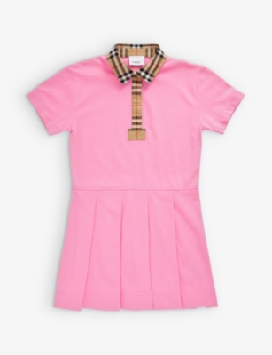 BURBERRY BURBERRY GIRLS BUBBLEGUM PINK KIDS SIGRID CHECKED-TRIM PLEATED COTTON-PIQUÉ DRESS 3-14 YEARS 65515342