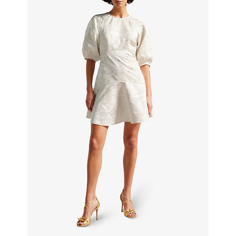 Shop Ted Baker Alannah Floral-jacquard Puff-sleeved Woven Mini Dress In Natural