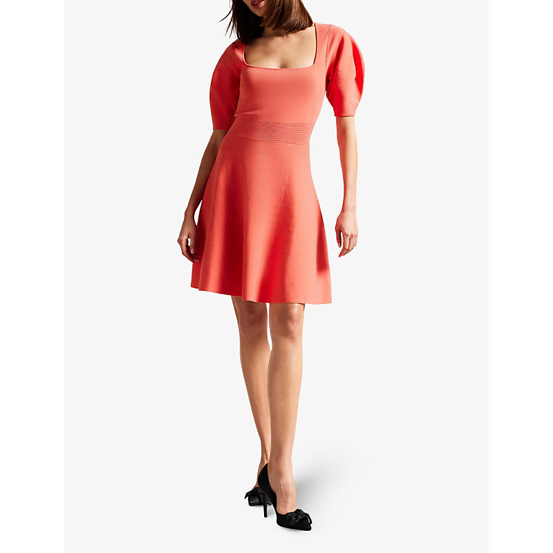 Shop Ted Baker Hayliy Square-neck Stretch-knitted Mini Dress In Coral