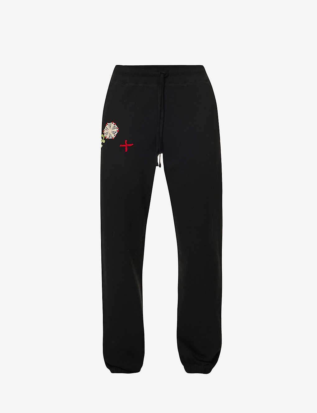 Bentgablenits Mens Black Upcycled Floral-embroidered Tapered-leg Cotton-jersey Jogging Bottoms