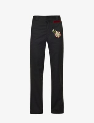 BENTGABLENITS BENTGABLENITS MEN'S BLACK BRAND-PATCH FLORAL-EMBROIDERED STRAIGHT-LEG COTTON-BLEND TROUSERS,65548838