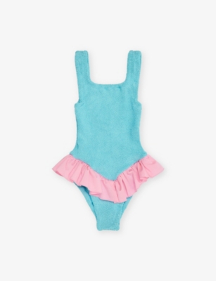 HUNZA G: Denise crinkle-texture frill-trim stretch-woven swimsuit 7-12 years