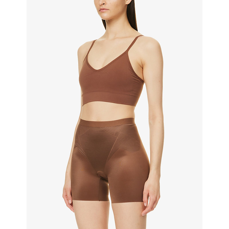 Shop Spanx Thinstincts® 2.0 High-rise Stretch-satin Shorts In Brown
