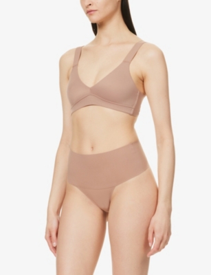 Shop Spanx Womens Cafe Au Lait Undie-tectable Mid-rise Stretch-woven Thong In Nude (lingerie)