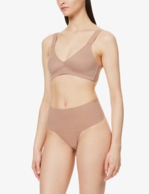 Shop Spanx Women's Cafe Au Lait Undie-tectable Mid-rise Stretch-woven Thong In Nude (lingerie)