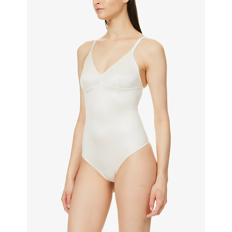 Shop Spanx Shaping Textured Slim-fit Stretch-satin Body In White
