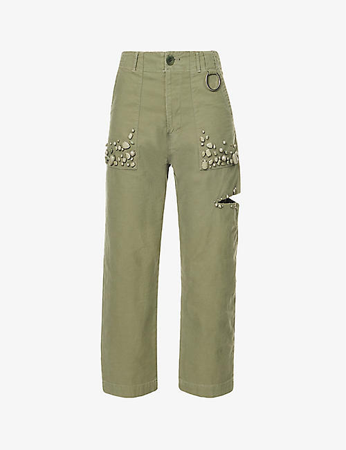 UNDERCOVER: Bead-embellished straight-leg mid-rise cotton trousers