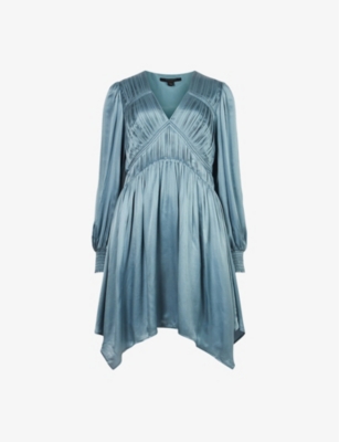Allsaints Esta Long Sleeve Asymmetric Hem Dress In Blue Slate