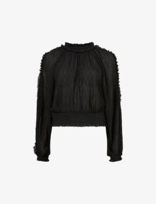 Allsaints Womens Black Thallo Balloon-sleeve Recycled-polyester Top In Black