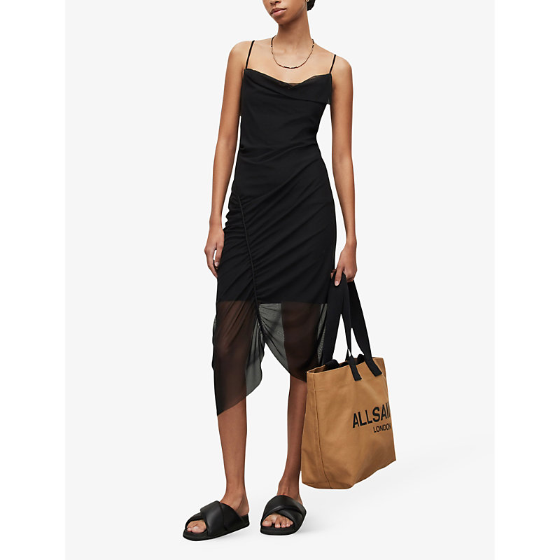 Shop Allsaints Ulla Square-neck Draped Stretch Recycled-polyester Midi Dress In Black