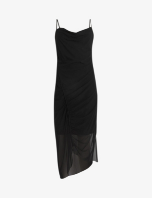Shop Allsaints Women's Black Ulla Square-neck Draped Stretch Recycled-polyester Midi Dress