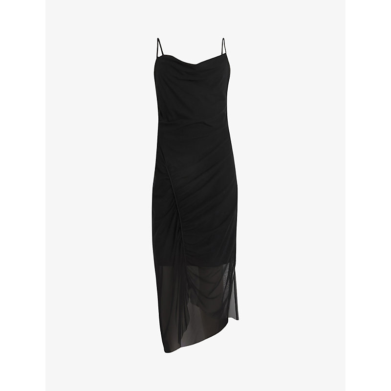 Shop Allsaints Ulla Square-neck Draped Stretch Recycled-polyester Midi Dress In Black