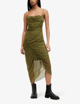 Shop Allsaints Women's Olive Green Ulla Square-neck Draped Stretch Recycled-polyester Midi Dress
