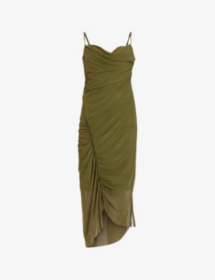 Allsaints Womens Olive Green Ulla Square-neck Draped Stretch Recycled-polyester Midi Dress