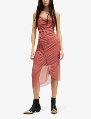 Shop Allsaints Women's Rich Pink Ulla Square-neck Draped Stretch Recycled-polyester Midi Dress