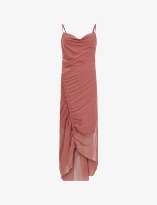 Allsaints Womens Rich Pink Ulla Square-neck Draped Stretch Recycled-polyester Midi Dress