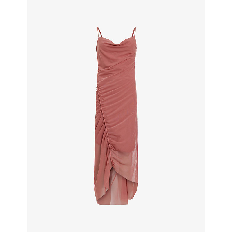 Allsaints Womens Rich Pink Ulla Square-neck Draped Stretch Recycled-polyester Midi Dress