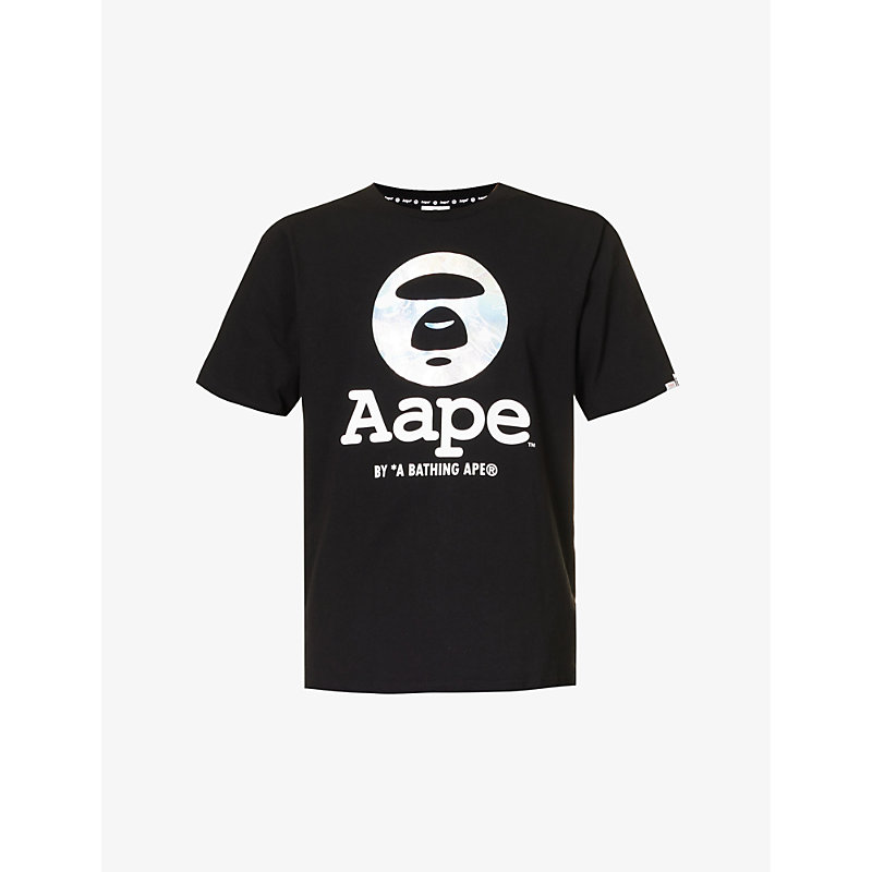 Aape Mens Black Brand-print Regular-fit Cotton-jersey T-shirt