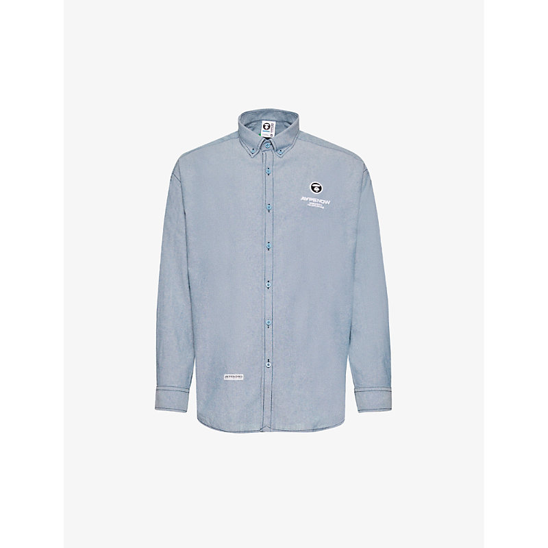 Aape Mens Blue Chambray Logo-embellished Regular-fit Cotton Shirt