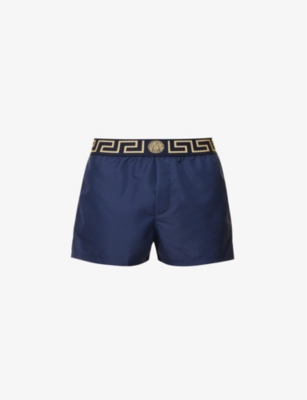 Versace Blue Swim Trunks With Greca And Medusa Head Print On Elastic Waistband In Nylon In Blue-gold