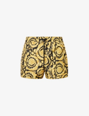 Versace Yellow And Black Swim Trunks With All-over Baroque Print In Nylon Man In Gold + Print