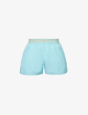 Versace Blue Short Greca Border Swim Shorts In Light Blue+gold